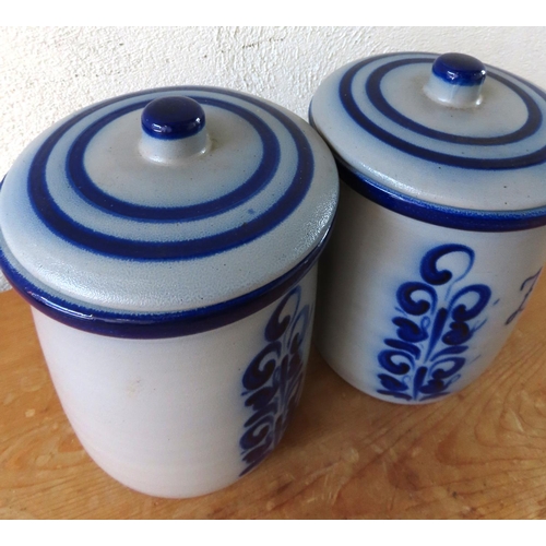 155 - Pair of Fired Earthenware Kitchen Jars Vintage Blue and White Ground Honey and Sugar