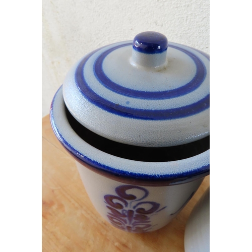 155 - Pair of Fired Earthenware Kitchen Jars Vintage Blue and White Ground Honey and Sugar