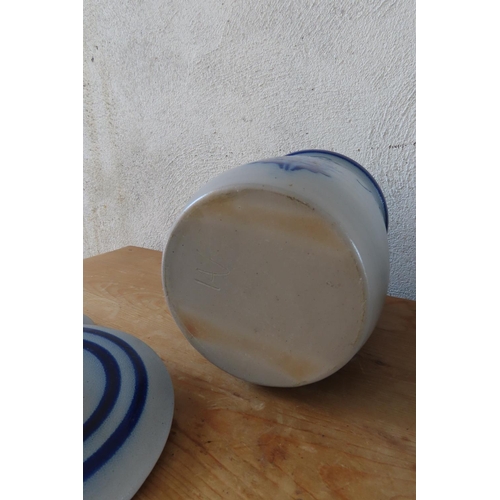 155 - Pair of Fired Earthenware Kitchen Jars Vintage Blue and White Ground Honey and Sugar