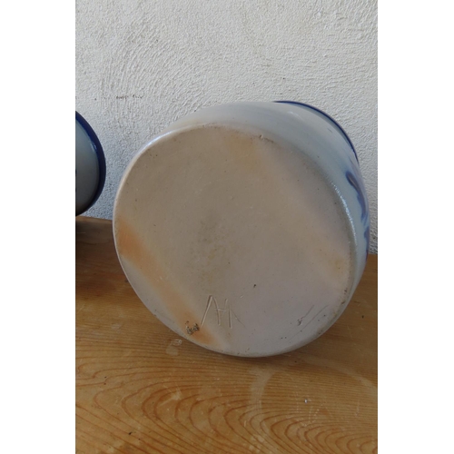 155 - Pair of Fired Earthenware Kitchen Jars Vintage Blue and White Ground Honey and Sugar