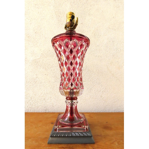 156 - Cranberry Cut Crystal Pedestal Form Table Lamp with Brass Fitting Mounted on Square Form Base Approx... 