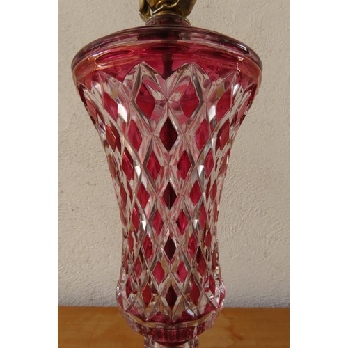 156 - Cranberry Cut Crystal Pedestal Form Table Lamp with Brass Fitting Mounted on Square Form Base Approx... 