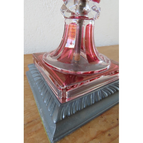 156 - Cranberry Cut Crystal Pedestal Form Table Lamp with Brass Fitting Mounted on Square Form Base Approx... 