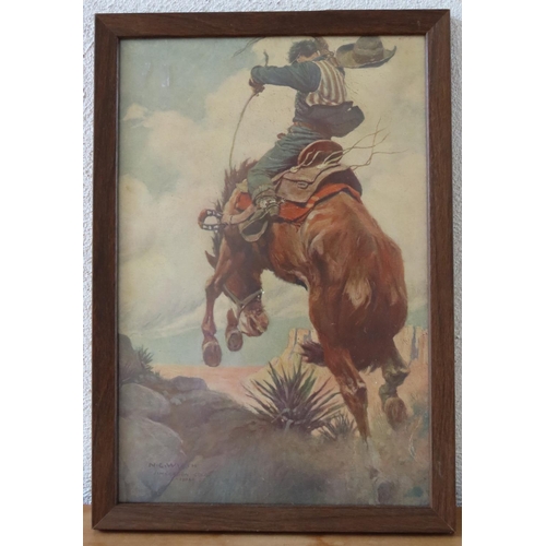 161 - Vintage American Framed Lithograph by NG Wyeth Bucking Bronko Approximately 16 Inches High x 9 Inche... 