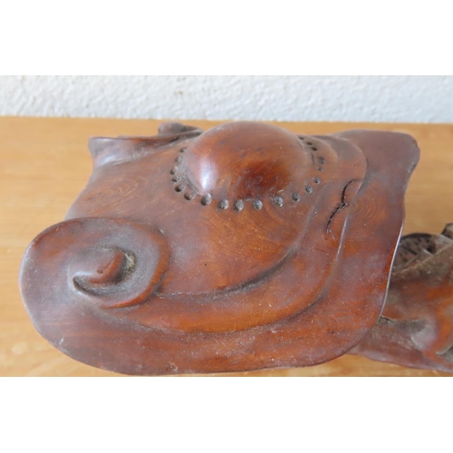 165 - Carved Hardwood Scroll Rest with Mythical Beast Carved Decoration Approximately 14 Inches Wide