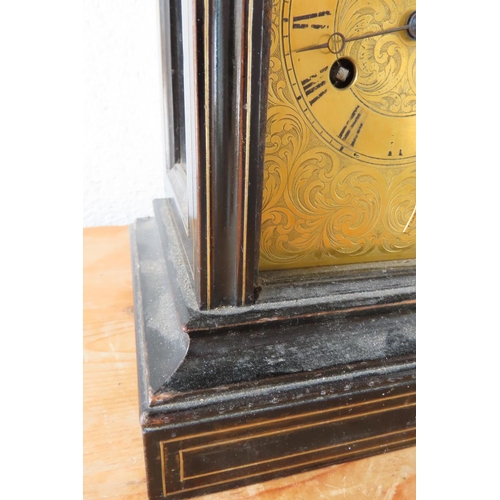 166 - Victorian Mantle Clock with Engraved Brass Face Plate Decorated Dial Approximately 10 Inches High