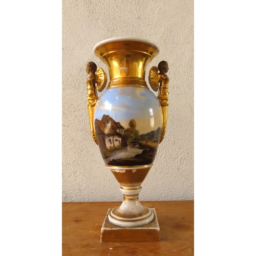 171 - Regency Gilded and Hand Painted Shaped Form Vase with Winged Side Figural Decoration Approximately 1... 