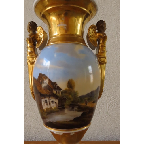 171 - Regency Gilded and Hand Painted Shaped Form Vase with Winged Side Figural Decoration Approximately 1... 