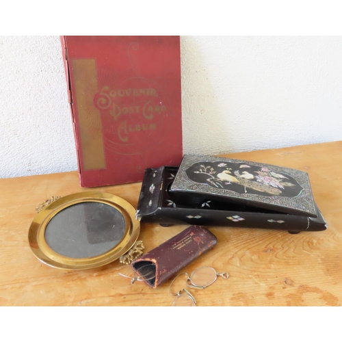 180 - Circular Photograph Frame Table Jewellery Box, Postcard Album with Postcards and Two Pairs of Specta... 