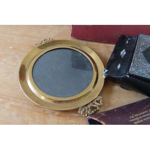 180 - Circular Photograph Frame Table Jewellery Box, Postcard Album with Postcards and Two Pairs of Specta... 