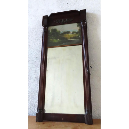 181 - Antique Federal Reverse Glass Painted Pier Mirror Mahogany Framed Approximately 26 Inches High x 12 ... 