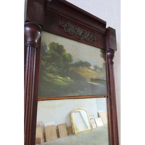 181 - Antique Federal Reverse Glass Painted Pier Mirror Mahogany Framed Approximately 26 Inches High x 12 ... 