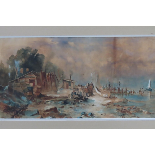 184 - Shoreline Scene with Boat Beyond Watercolour Approximately 3ft Wide x 18 Inches High