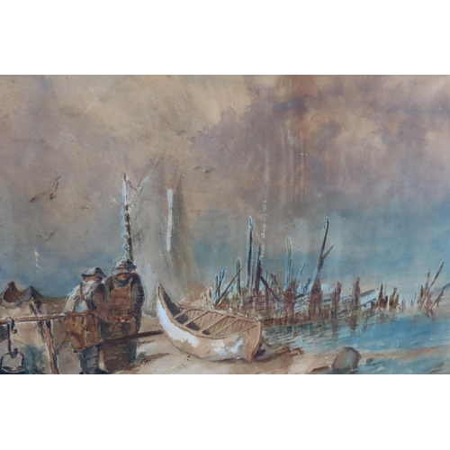 184 - Shoreline Scene with Boat Beyond Watercolour Approximately 3ft Wide x 18 Inches High