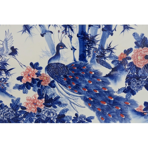 185 - Large Oriental Fired Porcelain Panel Depicting Peacock Signed with Chinese Characters Upper Right Fi... 