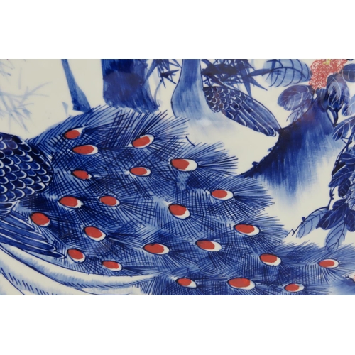 185 - Large Oriental Fired Porcelain Panel Depicting Peacock Signed with Chinese Characters Upper Right Fi... 