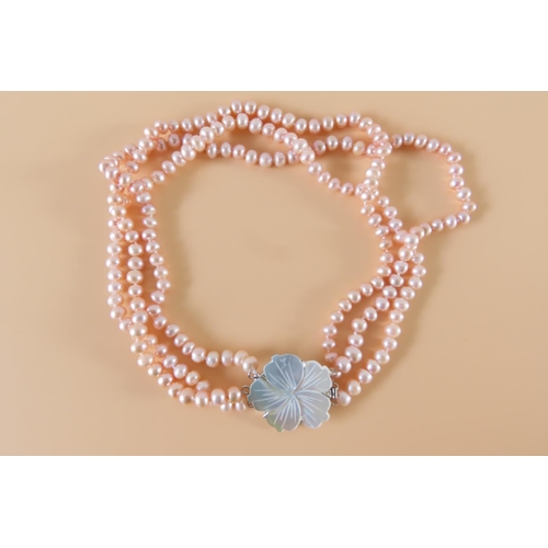 Three Strand Ladies Pearl Necklace Rose Petal Motif Clip