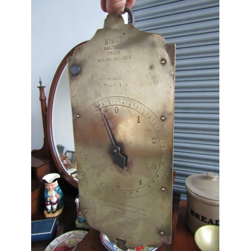 38 - Victorian Salter Trade Spring Balance Weighing Scales with Hook. Brass Plate Approximately 12 Inches... 