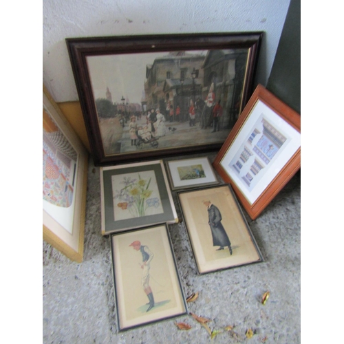 48 - Two Spy Prints, Two Watercolours Architectural Print and Another Depicting Military Scene Largest Ap... 