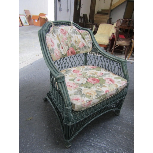 61 - Wickerwork Garden Conservatory or Patio Armchair Generous Form with Floral Motif Decorated Upholster... 