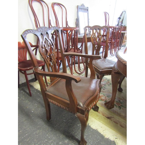 80 - Set of Eight Chippendale Dining Chairs including Two Carvers Tan Leather Seats above Well Carved Cla... 