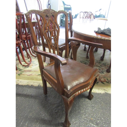 80 - Set of Eight Chippendale Dining Chairs including Two Carvers Tan Leather Seats above Well Carved Cla... 