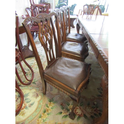 80 - Set of Eight Chippendale Dining Chairs including Two Carvers Tan Leather Seats above Well Carved Cla... 