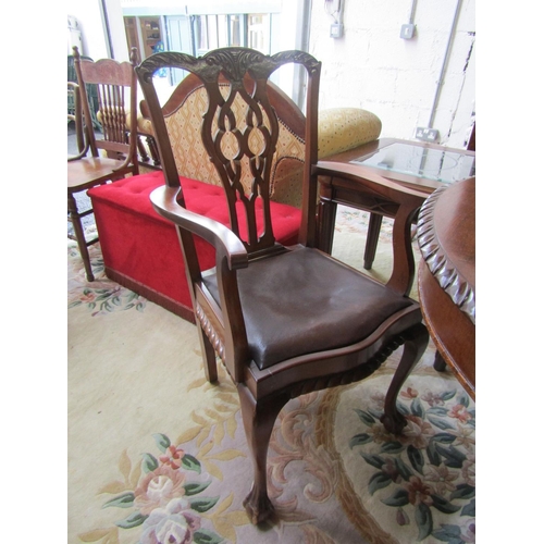 80 - Set of Eight Chippendale Dining Chairs including Two Carvers Tan Leather Seats above Well Carved Cla... 