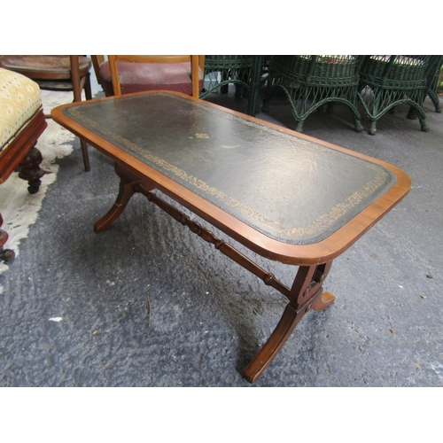 90 - Burgundy Leather Gilt Tooled Inset Mahogany Lyre End Coffee Table Approximately 3ft Wide