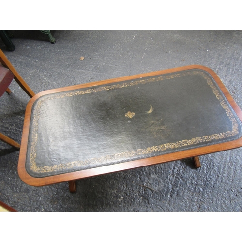 90 - Burgundy Leather Gilt Tooled Inset Mahogany Lyre End Coffee Table Approximately 3ft Wide