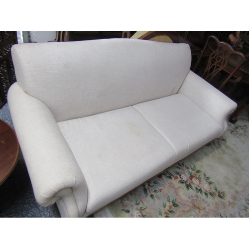 91 - Cream Fabric Upholstered Settee Roll Arm Ends above Carved Supports Approximately 7ft Wide