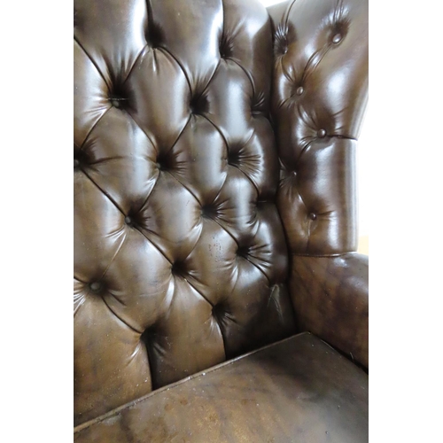 96 - Tan Leather Chesterfield Wingback Armchair Mahogany Chamfered Supports H Cross Stretcher Below Gener... 