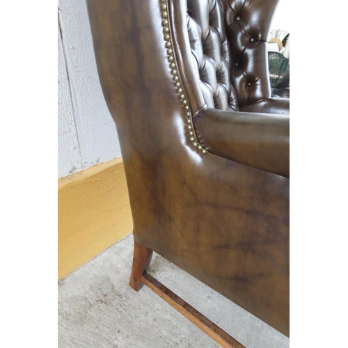 96 - Tan Leather Chesterfield Wingback Armchair Mahogany Chamfered Supports H Cross Stretcher Below Gener... 