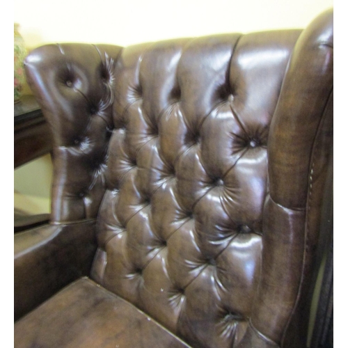 96 - Tan Leather Chesterfield Wingback Armchair Mahogany Chamfered Supports H Cross Stretcher Below Gener... 