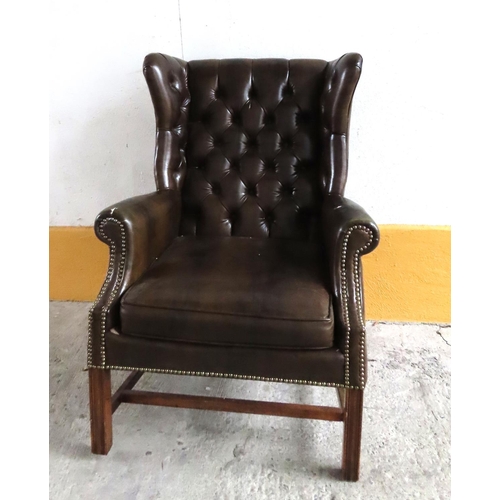 96 - Tan Leather Chesterfield Wingback Armchair Mahogany Chamfered Supports H Cross Stretcher Below Gener... 