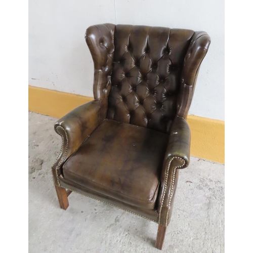 96 - Tan Leather Chesterfield Wingback Armchair Mahogany Chamfered Supports H Cross Stretcher Below Gener... 