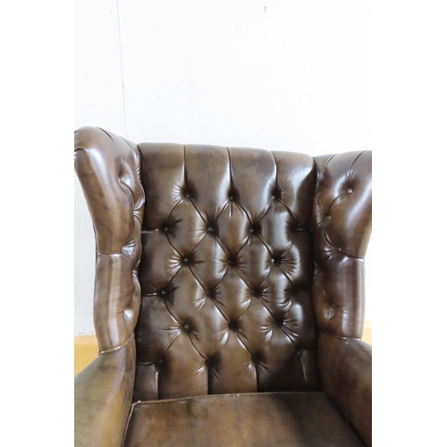 96 - Tan Leather Chesterfield Wingback Armchair Mahogany Chamfered Supports H Cross Stretcher Below Gener... 