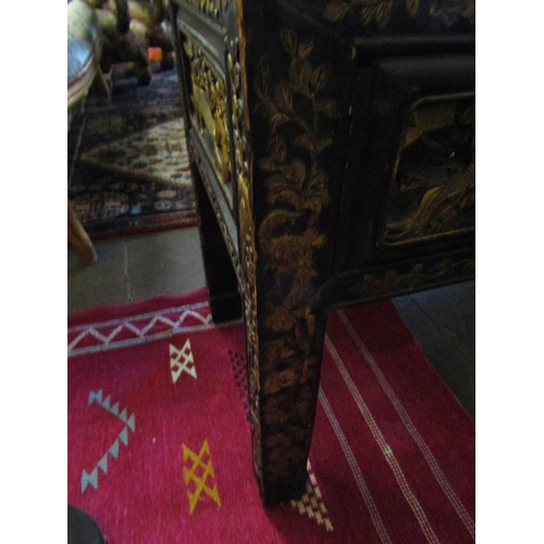 97 - Oriental Gilt Decorated Ebonised Rectangular Form Coffee or End Table Approximately 4ft Wide