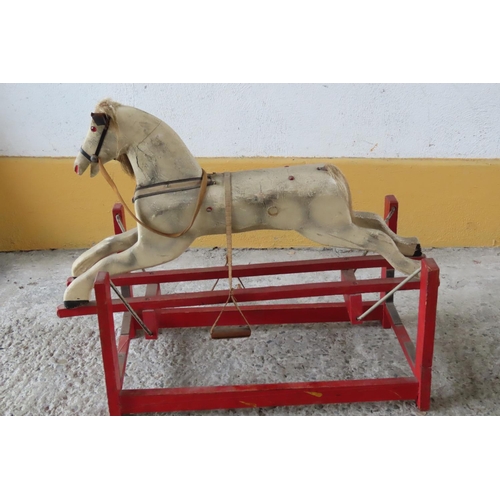 98 - Vintage Carved Wooden Childs Rocking Horse on Stretcher Working Order