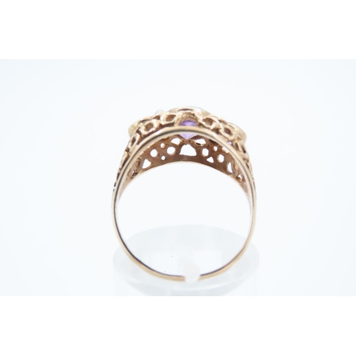 105 - Three Stone Ladies Ring Mounted on 9 Carat Yellow Gold Openwork Scroll Setting Ring Size O