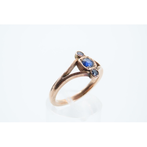 118 - Sapphire Ladies Ring Three Stone Mounted on 9 Carat Yellow Gold Band Ring Size N and a Half