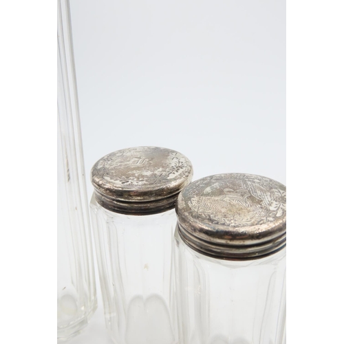 140 - Three Silver Topped Desk Jars Facet Cut Crystal with Screw Tops and a Nail Buff Silver Mounted