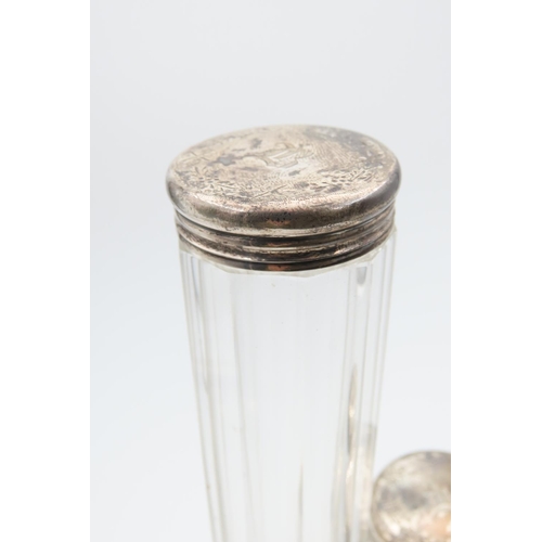 140 - Three Silver Topped Desk Jars Facet Cut Crystal with Screw Tops and a Nail Buff Silver Mounted