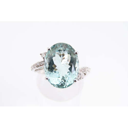 161 - 18 Carat White Gold Mounted Aquamarine Ladies Oval Cut Centre Stone Ring with Further Diamond Decora... 