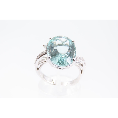 161 - 18 Carat White Gold Mounted Aquamarine Ladies Oval Cut Centre Stone Ring with Further Diamond Decora... 