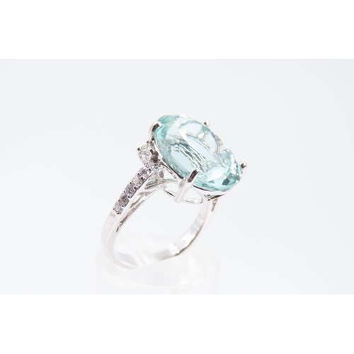 161 - 18 Carat White Gold Mounted Aquamarine Ladies Oval Cut Centre Stone Ring with Further Diamond Decora... 