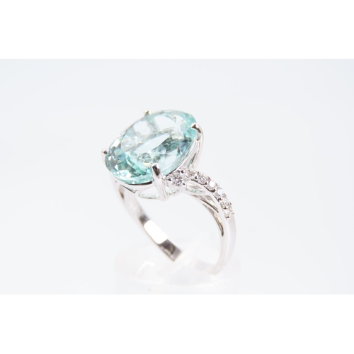 161 - 18 Carat White Gold Mounted Aquamarine Ladies Oval Cut Centre Stone Ring with Further Diamond Decora... 