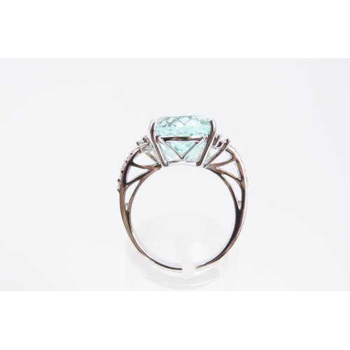 161 - 18 Carat White Gold Mounted Aquamarine Ladies Oval Cut Centre Stone Ring with Further Diamond Decora... 