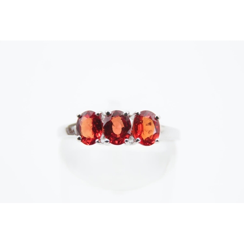 183 - Red Garnet Three Stone Ring Mounted on 9 Carat White Gold Band