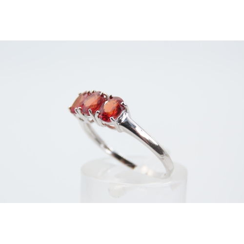 183 - Red Garnet Three Stone Ring Mounted on 9 Carat White Gold Band